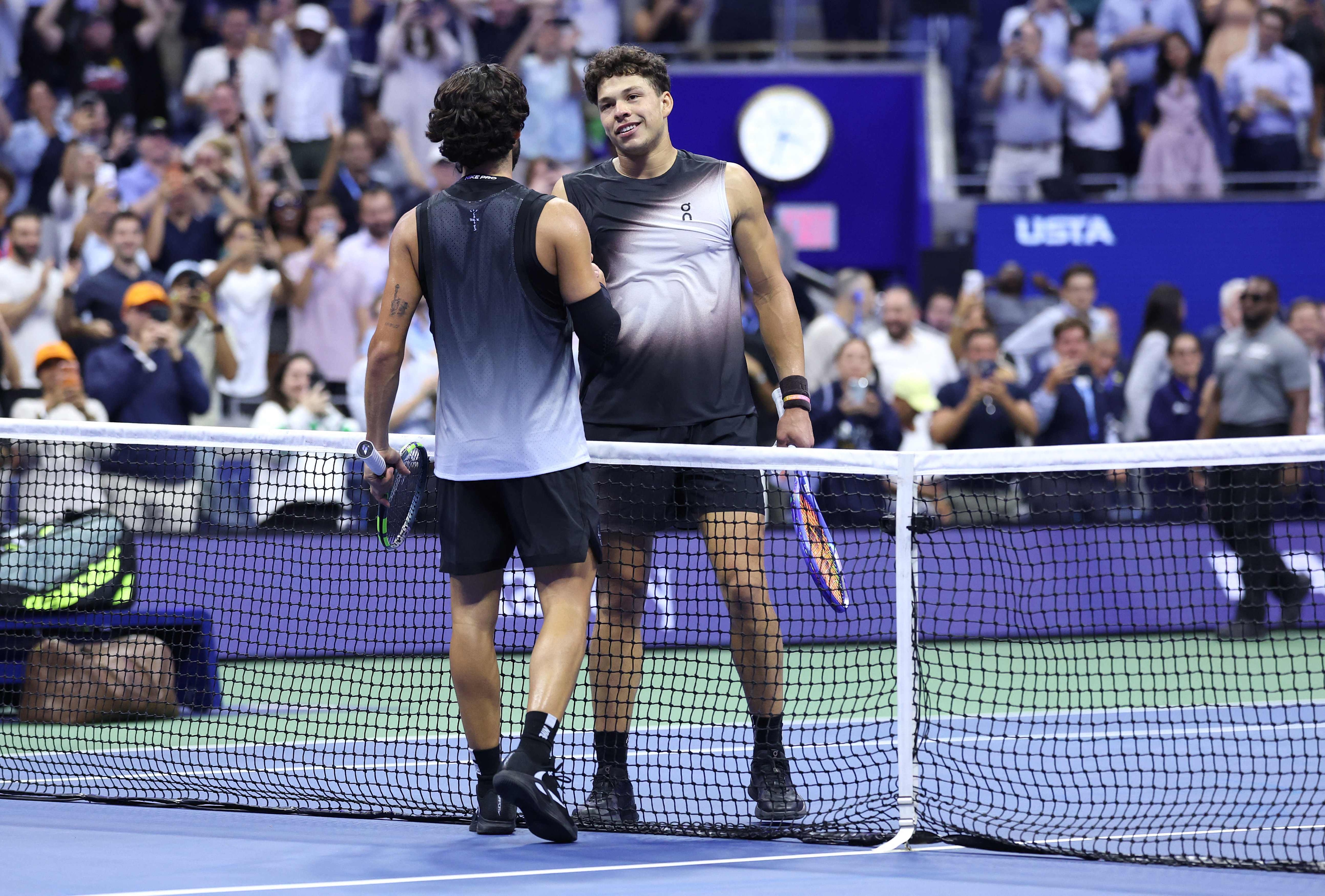 Ben Shelton of the United States embraces Carlos Alcaraz of Spain after Shelton won their Men's Singles Quarterfinal match on Day Ten of the 2026 US Open at USTA Billie Jean King National Tennis Center (Getty Images via AFP) Ben Shelton of the United States embraces Carlos Alcaraz of Spain after Shelton won their Men's Singles Quarterfinal match on Day Ten of the 2026 US Open at USTA Billie Jean King National Tennis Center (Getty Images via AFP)