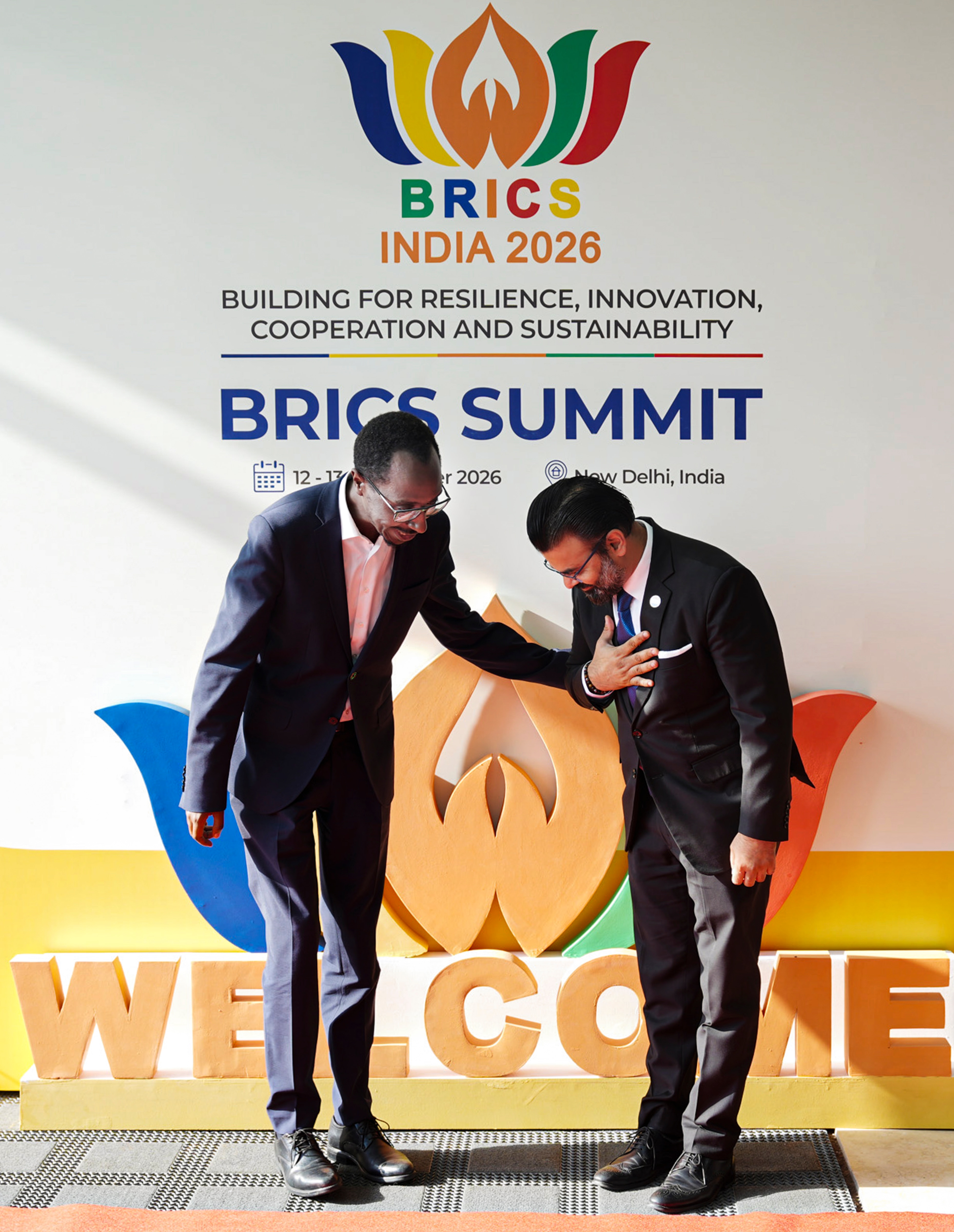 In this image received on Sept. 10, 2026, Ethiopia Foreign Affairs Minister Gedion Timothewos Hessebon, left, being received upon his arrival at Indira Gandhi International Airport, ahead of the 18th BRICS Summit, in New Delhi. (PIB via PTI Photo) In this image received on Sept. 10, 2026, Ethiopia Foreign Affairs Minister Gedion Timothewos Hessebon, left, being received upon his arrival at Indira Gandhi International Airport, ahead of the 18th BRICS Summit, in New Delhi. (PIB via PTI Photo)