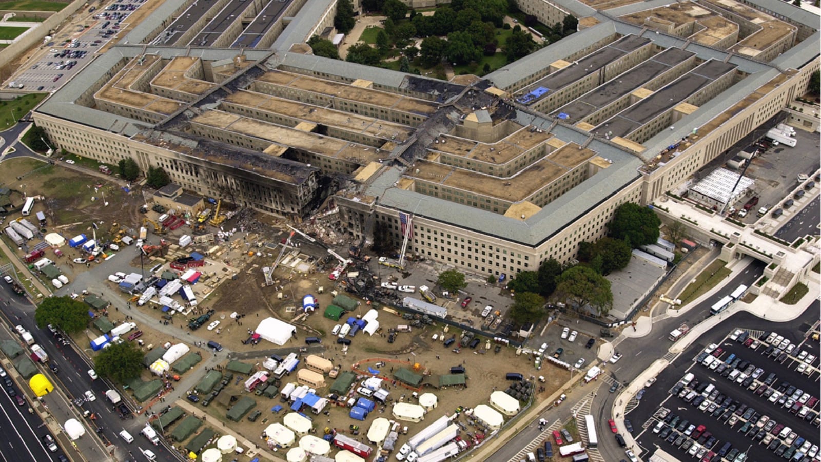An aerial view of the Pentagon two days after September 11 attacks (National Archives)