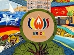 A decor features a logo of the 18th BRICS Summit, in New Delhi. 
