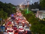 Traffic moves slowly near Bharat Mandapam at Pragati Maidan ahead of the BRICS Summit in New Delhi, India, on Thursday, September 10, 2026. 