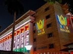Illuminated decorations for the 18th BRICS Summit, in New Delhi. 

