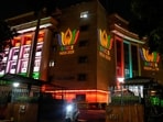Illuminated decorations for the 18th BRICS Summit, at Rail Bhawan in New Delhi on Thursday.