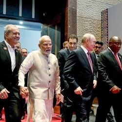 Prime Minister Narendra Modi, Russian President Vladimir Putin, Iranian President Masoud Pezeshkian, South African President Cyril Ramaphosa, and others at the BRICS Business Forum 2026.