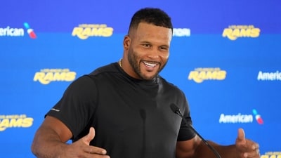 Los Angeles Rams defensive end Aaron Donald at press conference at the Rams Practice Facility. (IMAGN IMAGES via Reuters Connect)