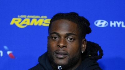 Los Angeles Rams wide receiver Davante Adams, speaks to the media following a practice session in preparation for an NFL football game against the San Francisco 49ers., in Melbourne, Australia. (AP Photo/Asanka Brendon Ratnayak)