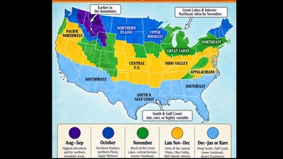 The Farmers' Almanac map outlines when measurable snowfall usually begins across the United States, with high-elevation regions seeing snow as early as September (Farmer's Almanac | Facebook) The Farmers' Almanac map outlines when measurable snowfall usually begins across the United States, with high-elevation regions seeing snow as early as September (Farmer's Almanac | Facebook)