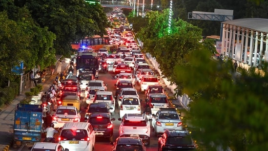 Traffic moves slowly near Bharat Mandapam at Pragati Maidan ahead of the BRICS Summit in New Delhi, India, on Thursday, September 10, 2026.