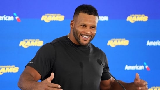 Los Angeles Rams defensive end Aaron Donald at press conference at the Rams Practice Facility. (IMAGN IMAGES via Reuters Connect)