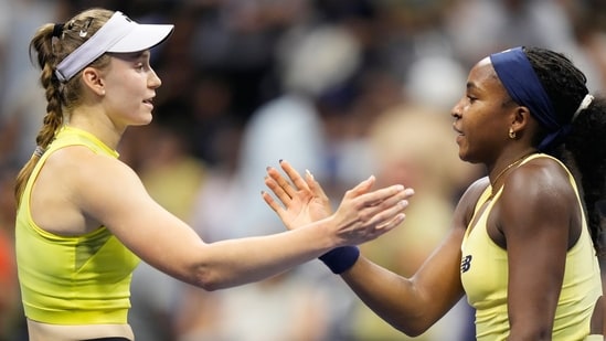 Elena Rybakina of Kazakhstan, left, shakes hands with Coco Gauff after her win.