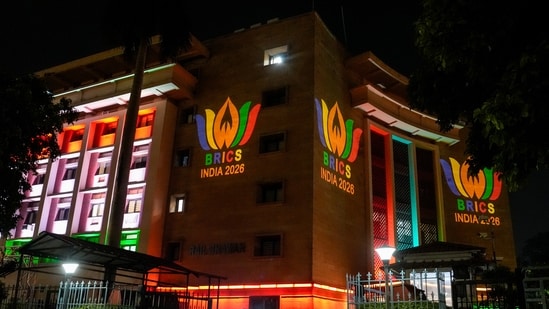 Illuminated decorations for the 18th BRICS Summit, at Rail Bhawan in New Delhi on Thursday. (PTI)