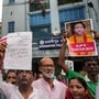 Kolkata: Congress activists stage a protest outside Bhowanipur Police Station against Bageshwar Dham chief Dhirendra Krishna Shastri for his alleged remarks against the sentiment of Bengal for the upcoming Durga Puja festival, in Kolkata, West Bengal, Tuesday. (PTI Photo/Swapan Mahapatra)(PTI09_08_2026_000125B)