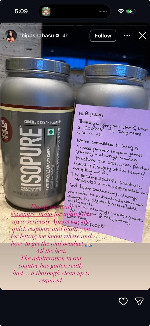 Bipasha Basu gives an update from protein powder brand. Bipasha Basu gives an update from protein powder brand.
