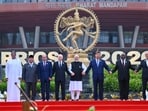Brics leaders pose for a family photograph during the 18th Brics Summit in New Delhi, India, on Saturday. (PMO)