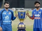 India captain Shreyas Iyer (R) and Afghanistan skipper Ibrahim Zadran unveil the Friendship Cup trophy in New Delhi on Saturday. (PTI) India captain Shreyas Iyer (R) and Afghanistan skipper Ibrahim Zadran unveil the Friendship Cup trophy in New Delhi on Saturday. (PTI)
