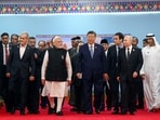 Foreground from left: Iranian President Masoud Pezeshkian, Indian Prime Minister Narendra Modi, Chinese President Xi Jinping, Russian President Vladimir Putin, Indonesian President Prabowo Subianto, South African President Cyril Ramaphosa, Crown Prince of Abu Dhabi Sheikh Khaled Bin Mohamed Bin Zayed Al Nahyan, and Ethiopian Prime Minister Abiy Ahmed Ali, visit the exhibition of the 