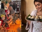 (L-R) Kareena Kapoor celebrated Ganesotsav with a clay Ganpati, while Mrunal Thakur served a modak platter(Instagram)