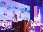 Prof Arvind A Natu addressing graduating students at IIIT-A on Saturday. (HT Photo)