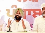 Punjab BJP president Kewal Singh Dhillon along with former state unit chief Sunil Jakhar and party’s national vice-president Manpreet Singh Badal in Chandigarh on Friday. (Ravi Kumar/HT)