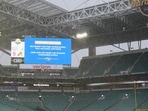 An inclement weather warning sign is displayed at Hard Rock Stadium before the Orange Blossom Classic NCAA college football game between Florida A&M and South Carolina State, Sunday, Sept. 6, 2026, in Miami Gardens, Fla. (AP Photo/Lynne Sladky)(AP Photo/Lynne Sladky)