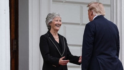 US President Donald Trump (R) is welcomed by Ireland's President Catherine Connolly at �ras an Uachtar�in in Phoenix Park in the Irish capital Dublin on September 12, 2026. Trump arrives in Ireland on September 12 for a two-day visit, stopping for a few hours in Dublin before heading west to his Trump International Golf Links to attend the Irish Open. (Photo by Adrian Dennis / AFP) (AFP)