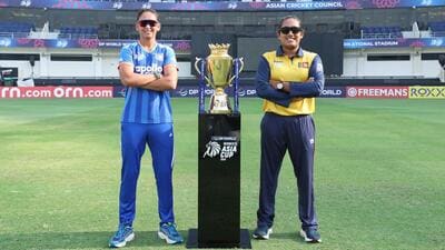 India captain Harmanpreet Kaur (L) and Sri Lanka skipper Chamari Athapaththu pose with the series trophy in Dubai on Saturday. (BCCI) India captain Harmanpreet Kaur (L) and Sri Lanka skipper Chamari Athapaththu pose with the series trophy in Dubai on Saturday. (BCCI)