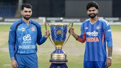 India captain Shreyas Iyer (R) and Afghanistan skipper Ibrahim Zadran unveil the Friendship Cup trophy in New Delhi on Saturday. (PTI) India captain Shreyas Iyer (R) and Afghanistan skipper Ibrahim Zadran unveil the Friendship Cup trophy in New Delhi on Saturday. (PTI)