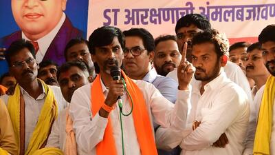 Mumbai, India - March 24, 2026: Maratha leader Manoj Jarange Patil addresses the crowd at Azad Maidan, supporting Deepak Borhade on the 9th Day of his hunger strike, demanding ST status for the Dhangar community, in Mumbai, India, on Tuesday, March 24, 2026. (Photo by Bhushan Koyande/ Hindustan Times) Mumbai, India - March 24, 2026: Maratha leader Manoj Jarange Patil addresses the crowd at Azad Maidan, supporting Deepak Borhade on the 9th Day of his hunger strike, demanding ST status for the Dhangar community, in Mumbai, India, on Tuesday, March 24, 2026. (Photo by Bhushan Koyande/ Hindustan Times)