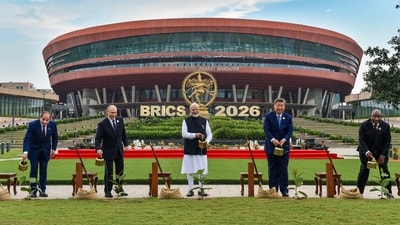 Egyptian President Abdel Fattah el-Sisi, Russian President Vladimir Putin, Prime Minister Narendra Modi, Chinese President Xi Jinping and South African President Cyril Ramaphosa during a joint tree plantation initiative amid the ongoing 18th BRICS Summit (PMO)