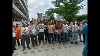 The demonstrators alleged that despite assurances from NBCC, the housing projects have remained stalled for the past 21 months (HT)