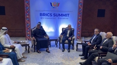 Iran's President Masoud Pezeshkian “held a meeting and talks” with United Arab Emirates Crown Prince Sheikh Khaled bin Mohamed bin Zayed Al Nahyan on the sidelines of the BRICS summit. (X/ @Iran_in_India) Iran's President Masoud Pezeshkian “held a meeting and talks” with United Arab Emirates Crown Prince Sheikh Khaled bin Mohamed bin Zayed Al Nahyan on the sidelines of the BRICS summit. (X/ @Iran_in_India)
