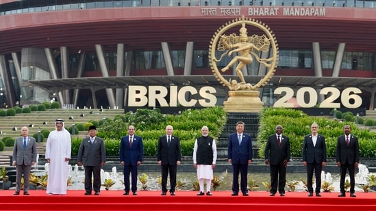 Prime Minister Narendra Modi, along with Chinese President Xi Jinping, Russian President Vladimir Putin and other world leaders, poses for the family photo during the 18th BRICS Summit at Bharat Mandapam, in New Delhi
