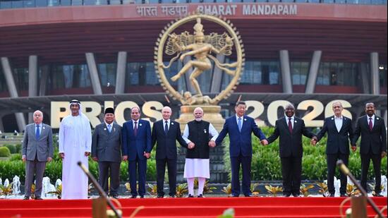 Brics leaders pose for a family photograph during the 18th Brics Summit in New Delhi, India, on Saturday. (PMO)