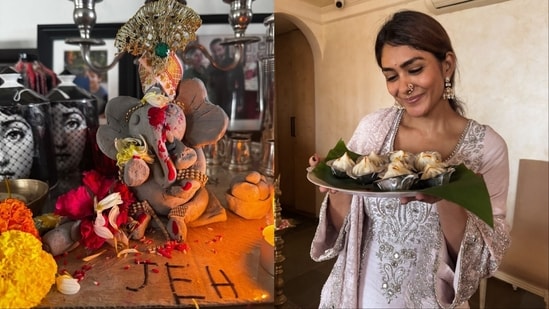 (L-R) Kareena Kapoor celebrated Ganesotsav with a clay Ganpati, while Mrunal Thakur served a modak platter