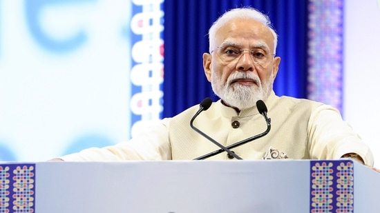 Prime Minister Narendra Modi addresses the Leaders' Session of the BRICS Business Forum at Bharat Mandapam, in New Delhi on Friday. (ANI)