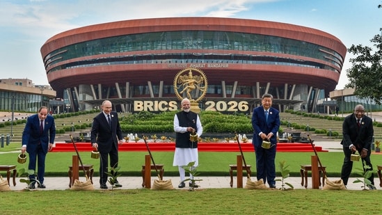 Egyptian President Abdel Fattah el-Sisi, Russian President Vladimir Putin, Prime Minister Narendra Modi, Chinese President Xi Jinping and South African President Cyril Ramaphosa during a joint tree plantation initiative amid the ongoing 18th BRICS Summit