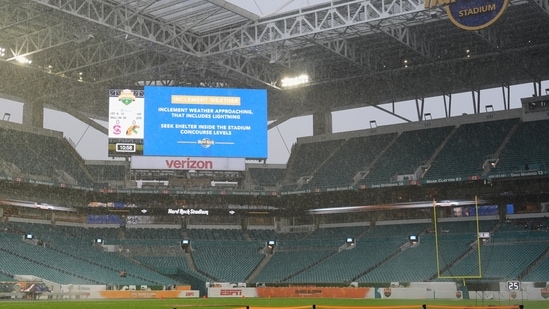 An inclement weather warning sign is displayed at Hard Rock Stadium before the Orange Blossom Classic NCAA college football game between Florida A&M and South Carolina State, Sunday, Sept. 6, 2026, in Miami Gardens, Fla. (AP Photo/Lynne Sladky)