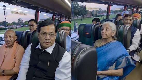 A video showed the union ministers and CMs, including Amit Shah, Kiren Rijiju, Yogi Adityanath, Nirmala Sitharaman and Rekha Gupta.(X/ @kirenrijiju via PTI)