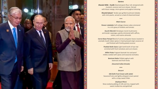 Prime Minister Narendra Modi with Russian President Vladimir Putin as they arrive at Bharat Mandapam to attend a dinner hosted for visiting dignitaries of the 18th BRICS Summit, in New Delhi. (@NarendraModi)