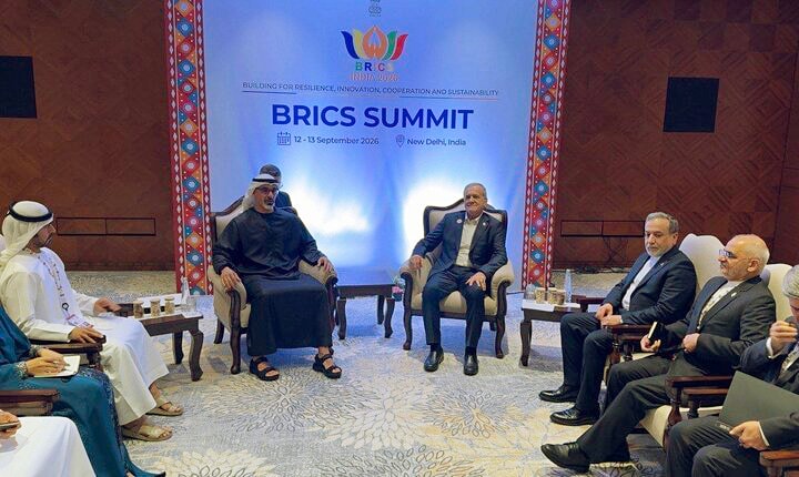 New Delhi, Sep 12 (ANI): Iranian President Masoud Pezeshkian meets with UAE Crown Prince Khaled bin Mohamed bin Zayed Al Nahyan on the sidelines of the BRICS Summit, in New Delhi on Saturday. (@Iran_in_India X/ANI Photo) (@Iran_in_India X)