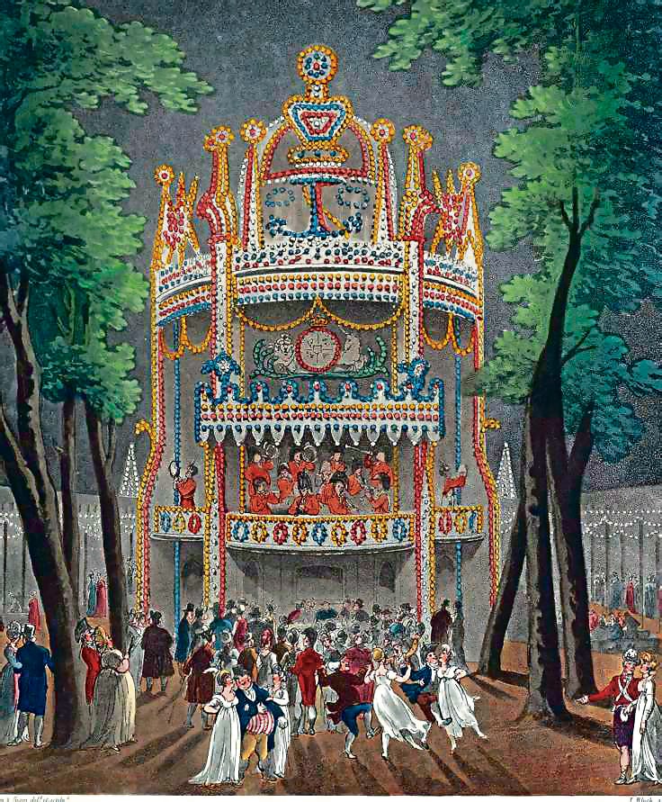 In an 1809 painting of London’s Vauxhall pleasure garden, a military band plays on the balcony of a decorated pavilion, as people dine below and couples dance outdoors. (Metropolitan Museum of Art) In an 1809 painting of London’s Vauxhall pleasure garden, a military band plays on the balcony of a decorated pavilion, as people dine below and couples dance outdoors. (Metropolitan Museum of Art)