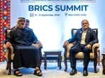 Iranian President Masoud Pezeshkian meets with Crown Prince of Abu Dhabi Sheikh Khaled bin Mohamed bin Zayed Al Nahyan on the sidelines of the BRICS summit in New Delhi.(REUTERS)