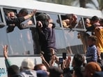 Freed Palestinian prisoners are welcomed by friends and relatives upon arriving at the European Hospital in Khan Yunis in the southern Gaza Strip.(AFP/File Photo)