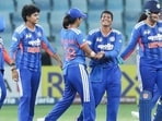 The India women’s cricket team celebrates their T20 Asia Cup win over Sri Lanka in Dubai on Sunday. (BCCI)