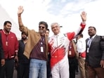 Vijay and Ajith Kumar ahead of the Le Mans race in Silverstone. 
