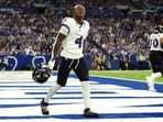 Zay Flowers #4 of the Baltimore Ravens celebrates after scoring a touchdown against the Indianapolis Colts during the second quarter of the game at Lucas Oil Stadium in Indianapolis, Indiana.   