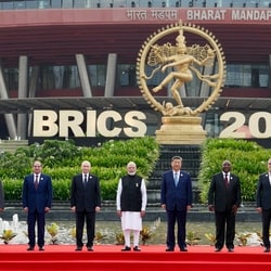 Prime Minister Narendra Modi, along with Chinese President Xi Jinping, Russian President Vladimir Putin and other world leaders, poses for the family photo during the 18th BRICS Summit at Bharat Mandapam, in New Delhi