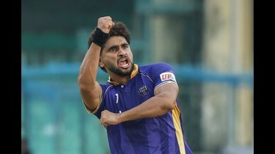 Abhinandan Singh gestures after taking a wicket in UPT20 League. (File Photo) Abhinandan Singh gestures after taking a wicket in UPT20 League. (File Photo)