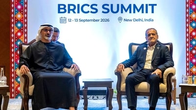 Iranian President Masoud Pezeshkian meets with Crown Prince of Abu Dhabi Sheikh Khaled bin Mohamed bin Zayed Al Nahyan on the sidelines of the BRICS summit in New Delhi. (REUTERS)