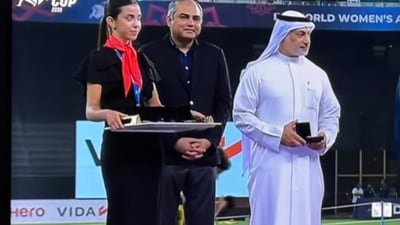Mohsin Naqvi was present at the presentation ceremony, and India refused to receive the trophy from the ACC president's hand. (Screengrab) Mohsin Naqvi was present at the presentation ceremony, and India refused to receive the trophy from the ACC president's hand. (Screengrab)